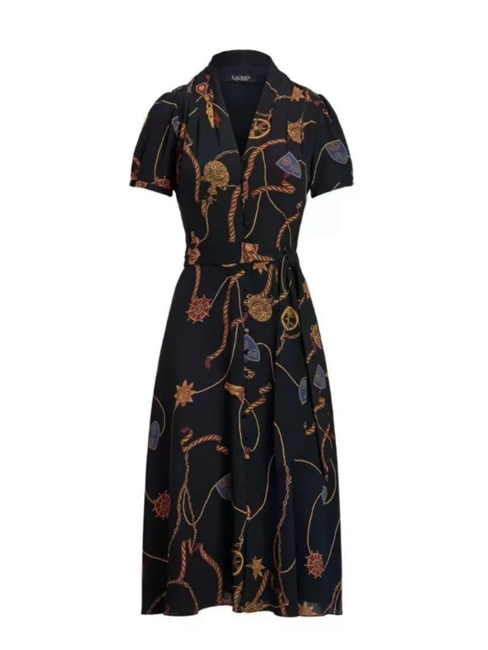 Lauren Ralph Lauren Dark Blue Wrap Midi Dress with Gold & Blue Chain Print